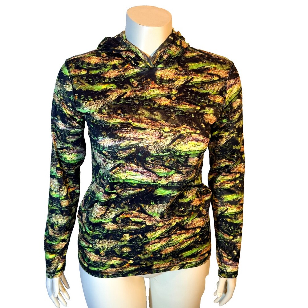 REEL Legends Hooded Tee Shirt Women's L Green Abstract Alligator Print Long Slve